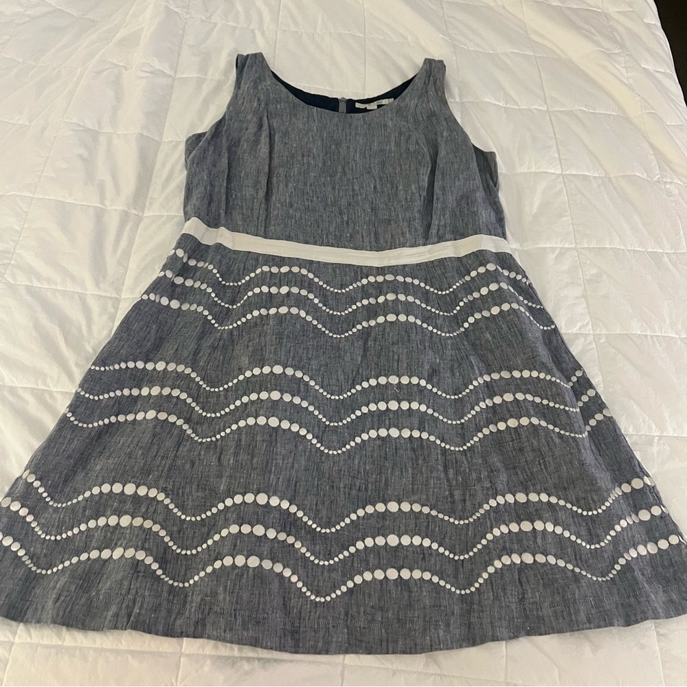 Boden Summer Gun Linen Chambray Fit and Flare Blue Dress with Dots Size 16